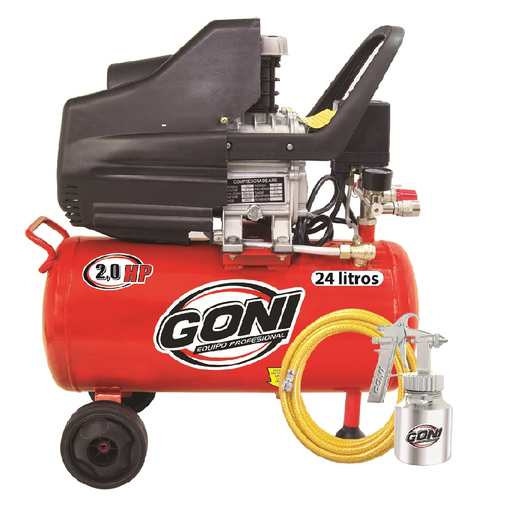 KIT DE COMPRESOR 2 HP CON TANQUE DE 24 L, PISTOLA 26B Y MANGUERA GONI MOD. 930P